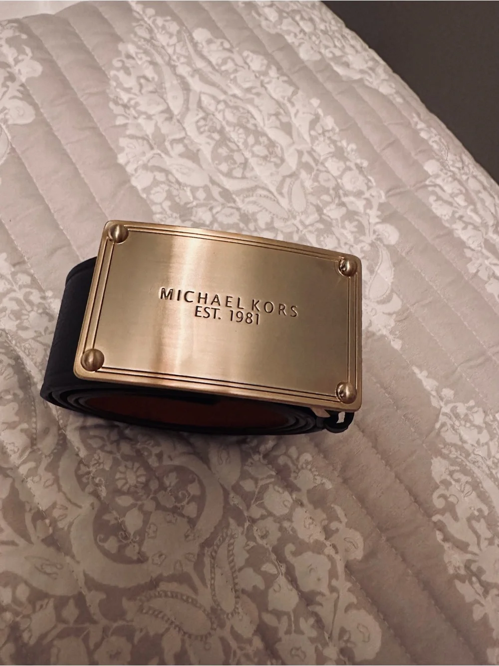 Michael Kors Black Genuine Leather Belt with Gold Plaque Buckle